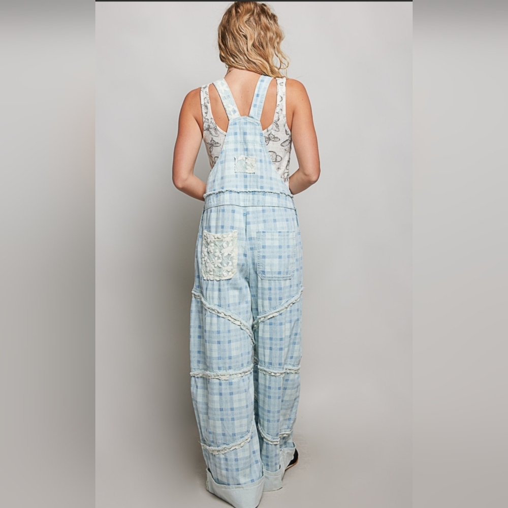 POL Light Blue Plaid Women Jeans Overalls - Picture 5 of 6